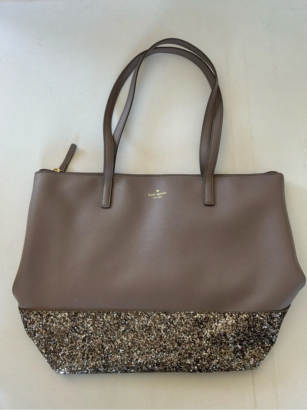 Kate Spade New York Gray Glitter Saffiano Leather Tote 3-Piece Set w/ Zip Pouch